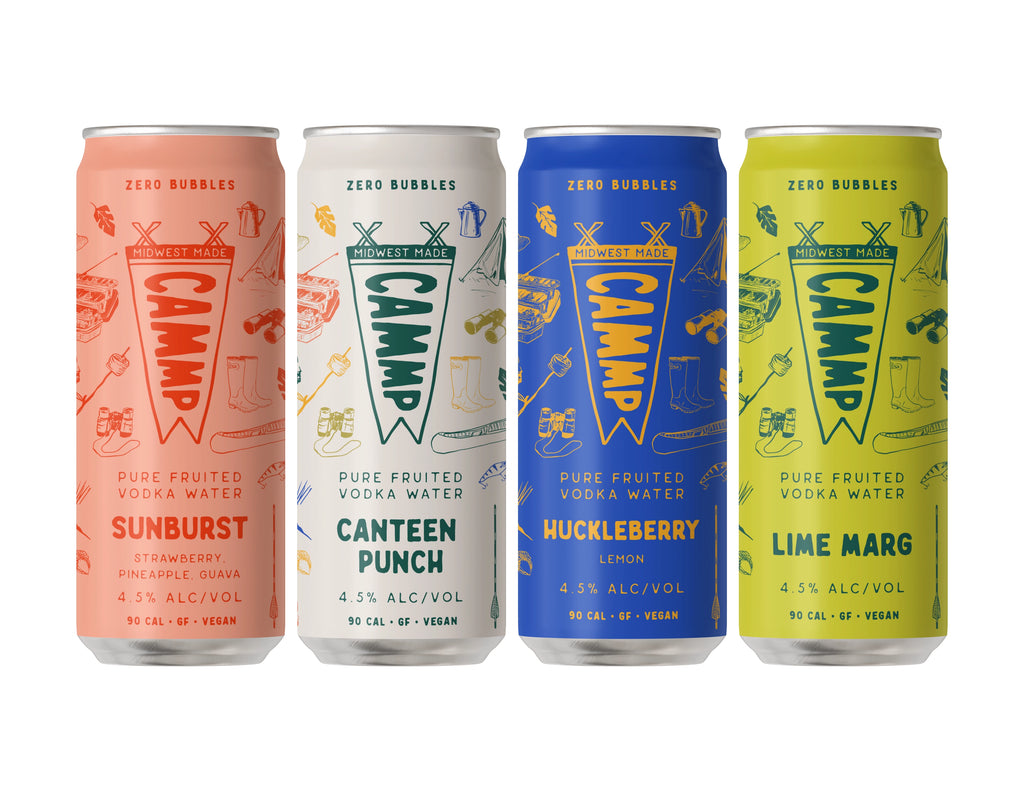 Four cans of CAMMP Pure Fruited Vodka Water